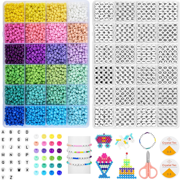 6000+ kpl 4 mm:n lasihelmiä rannekorujen valmistukseen, 24 värin ystävyysrannekorusarja, jossa 1200+ kpl kirjainhelmiä, pieniä siemenhelmiä Parent Seed Beads 4MM