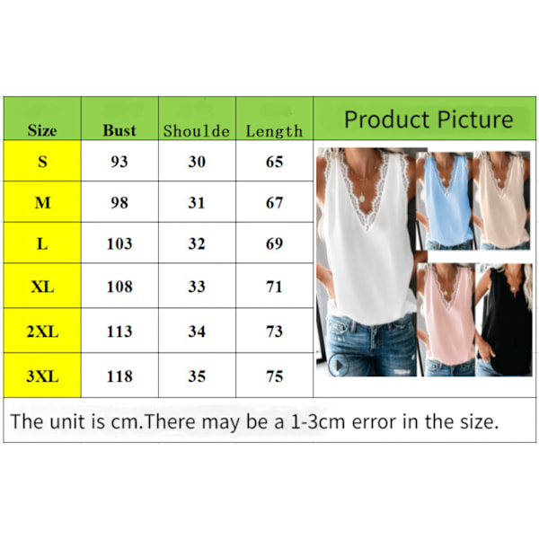 Kvinder V-hals Blonder Trim Casual Tank Tops Ærmeløse Bluser Skjorter --- Sort （Størrelse L）