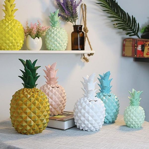 7,67 x 4,3 Tommer Elegant Ananas Formet Harpiks Sparegris Pengeboks Hjem Dekoration, Hvid