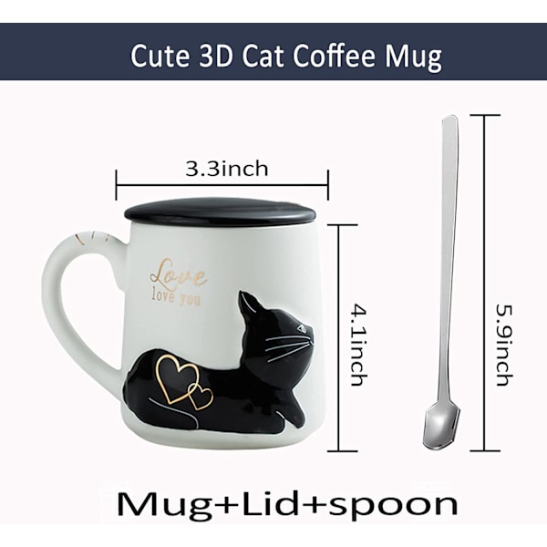 Söt kattkopp Keramisk kaffemuggset med lock sked, Födelsedagspresent Idé för kattälskare Mugg 400ML(Svart-Vit)