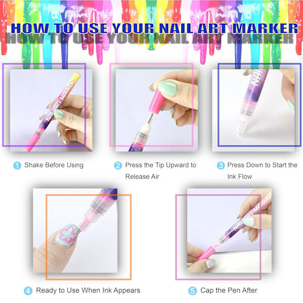 12 Färger Nagelkonst Pennor Set 3D Nagellack Pennor Graffiti Prick Pennor Akrylfärg Pennor Punkt Liner Penna Manikyr Nagel DIY Dekoration