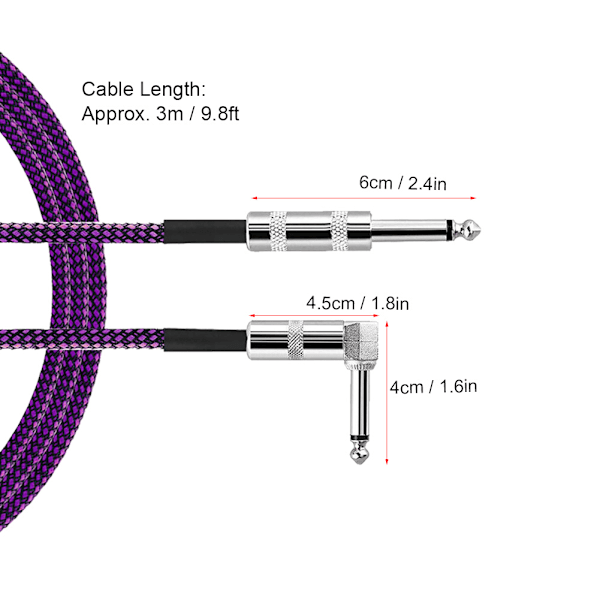 3m 6,35 mm rett vinkel til rett plugg musikalsk lydkabel for elektrisk gitar (lilla)