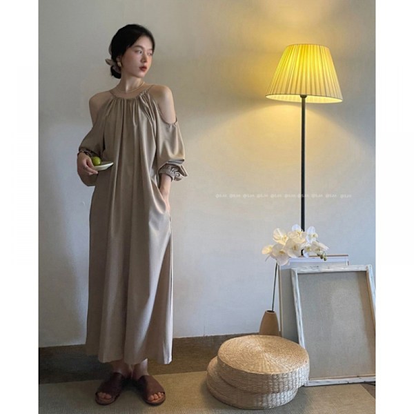 Kvinders Casual Off Shoulder Lanterne Langærmet Løs Lomme Snøre Lang Kjole Mini Swing Plisseret A-linje Løs Kjole(Khaki M)