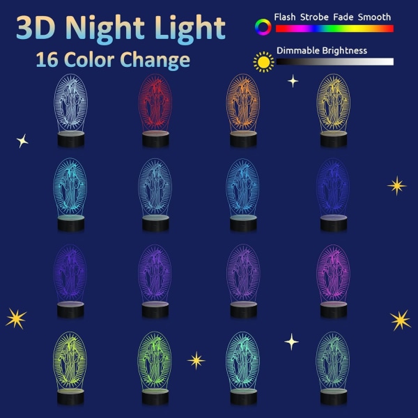 Jomfru Maria-gaver, WJ 3D Vår Frue nattlys illusjonshologramlampe 16 fargeskiftende med fjernkontroll + timer, LED beste bursdagskristne gave