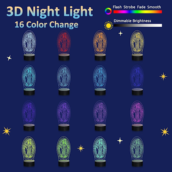 Jungfru Maria Gåvor, WJ 3D Vår Fru Nattljus Illusion Hologram Lampa 16 Färgförändring med Fjärrkontroll + Timer, LED Bästa Födelsedag Kristna Present