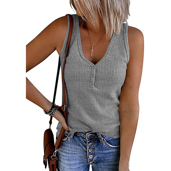 V-ringad linne damer sommar ärmlösa skjortor Casual lösa stickade tröjor med knäppning --- ljusgrå（storlek L）