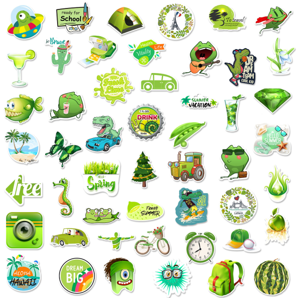 Kreative Cartoon VSCO Grønne Stickers, Sæt med 50, Vandtætte og UV-bestandige, Perfekte til alle dine gadgets