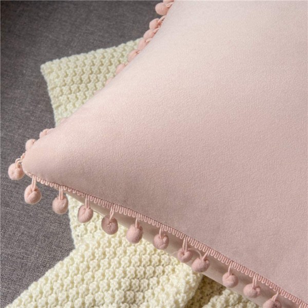 Kuddfodral 16x16 tum / 40x40 cm 2-pack Mysig Mjuk Pompom Sammet Fyrkantig Dekorativ Kuddfodral för lantlig heminredning (Rosa)
