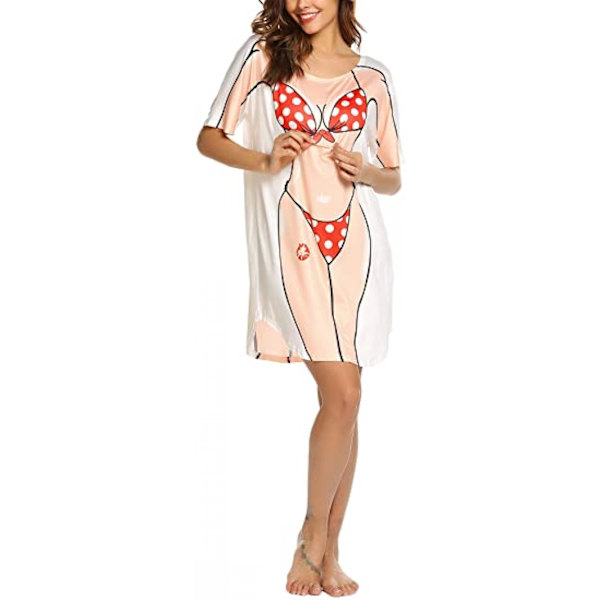 AVEKI Dam Bikini Skjorta Cover Up Kortärmad Söt Bikini Tryckt Cover-Up Lös T-Shirt Klänning Roligt Att Bära, Röd, L