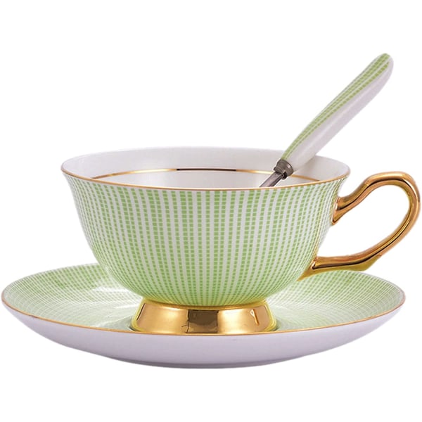 Kaffekopp och fatset - 6,7 oz ben Kina tekopp med fat och sked - Fancy kopp för kontor, soffbord Afternoon Tea (grön)