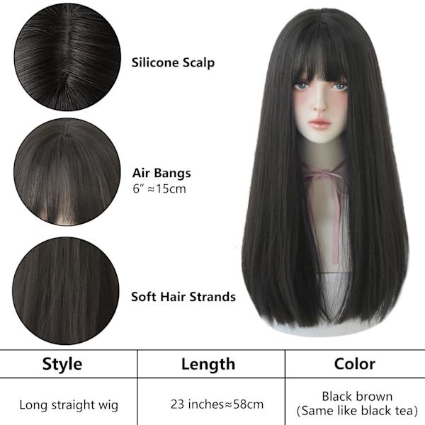 Lang rett parykk med lugg, svart parykk for kvinner, syntetisk naturlig svart hår, parykk av høy kvalitet for fest og cosplay (23 tommer svart)
