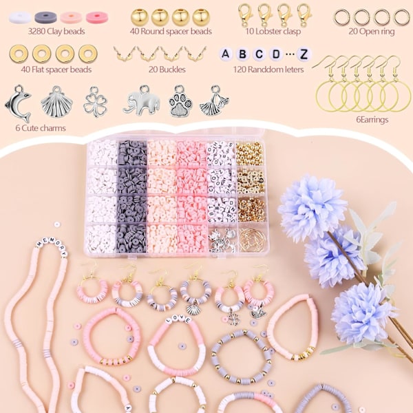 3500 PCS Rosa Grå Leire Perler Kit for Armbånd Laget, Polymer Heishi Perler for Smykke Laget, Vennskap Armbånd Kit for Jenter A Pink&Gray Pink&Gray