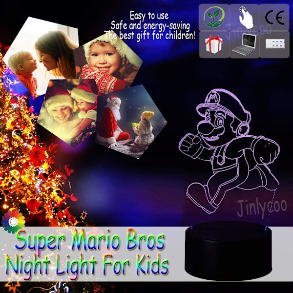 WJ Cartoon Bros Luigi 3D LED nattlys optisk illusjon spillfigur bordlampe med fjernkontroll 16 farger USB-drevet strømforsyning sove nattbordlampe Mario