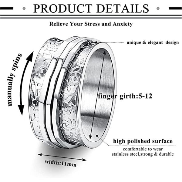 Rostfritt stål Blomma Carving Spinner Ring Daisy Fidget Band Ringar Moon Star Evil Eyes Cross Anxiety Ring för kvinnor Män-US8