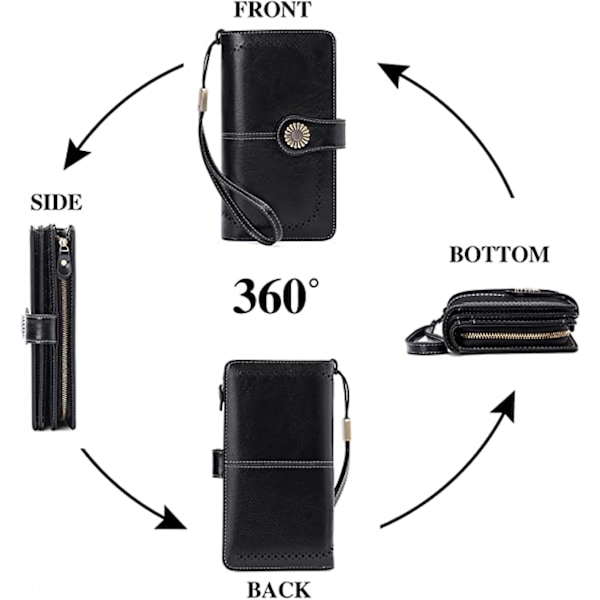 Plånböcker för kvinnor Läder Kreditkortshållare med RFID-blockering Stor kapacitet Wristlet, 1-Wax-Svart