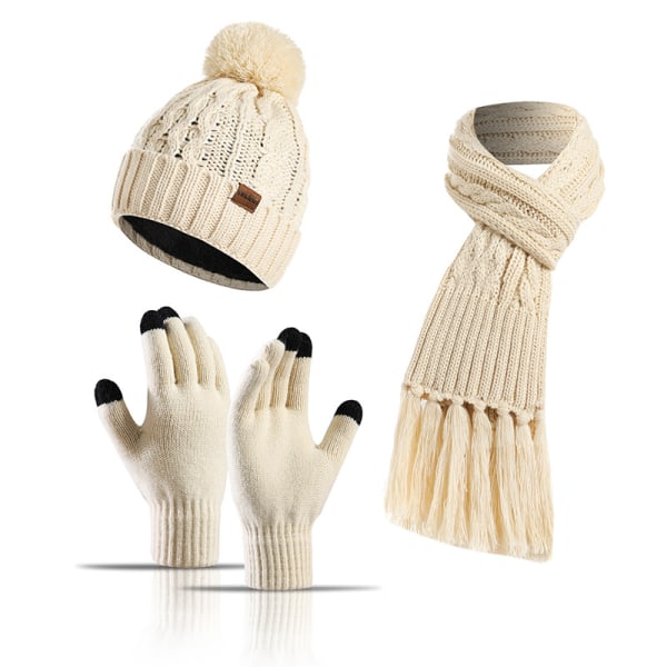 Vinter ny stil stickad ullfärgad hatt tjock scarf pekskärmshandskar tredelad set，Beige
