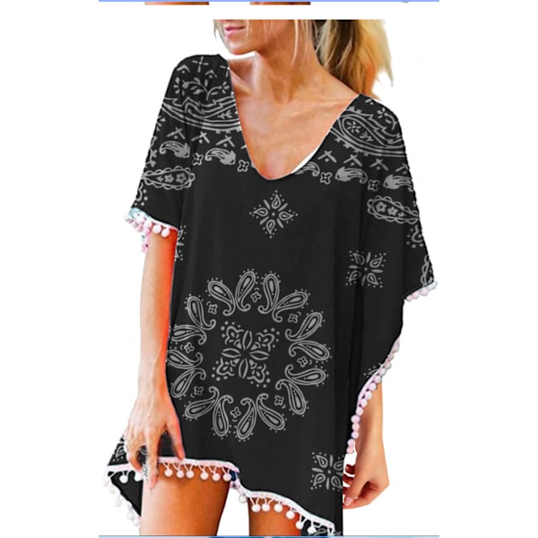 Dam Chiffon Baddräkt Strand Badkläder Cover Ups för Badkläder --- Svart Vit K（Storlek XL）