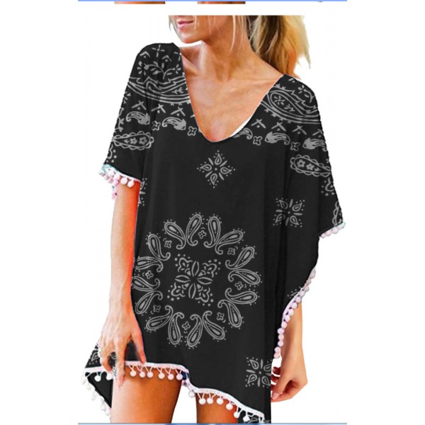 Women's Chiffon Swimsuit Beach Bathing Suit Cover Ups for Swimwear --- Black White K（Size L）