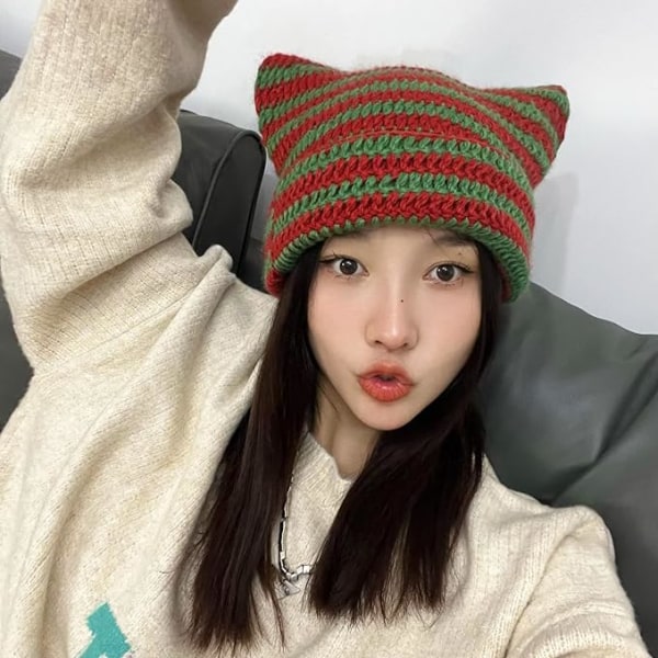 Kvinnors Y2K Djävul Stripes Vinter Tjock Stickad Mössa, Katt Öra Virkad Slouchy Koreansk Skully Mössa Fleece Ylle Mössa Red