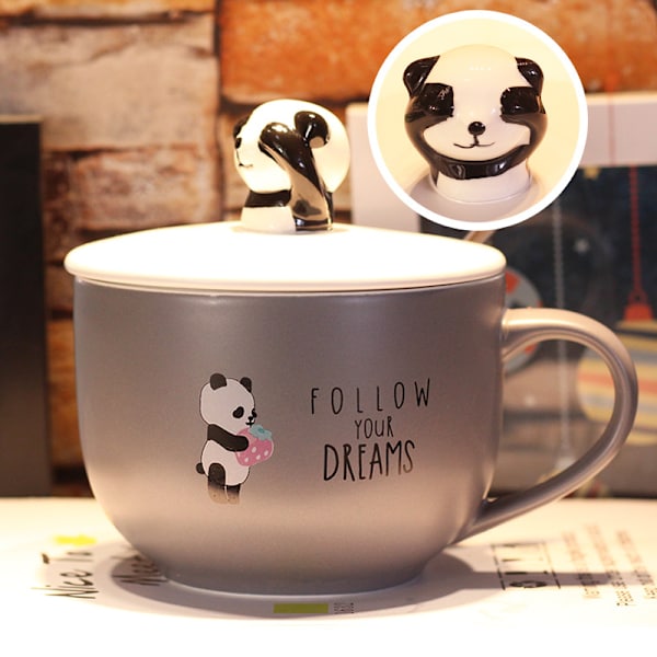 Grå Panda krus med 3D figur låg og ske, keramisk kaffe- eller tekop, 22OZ