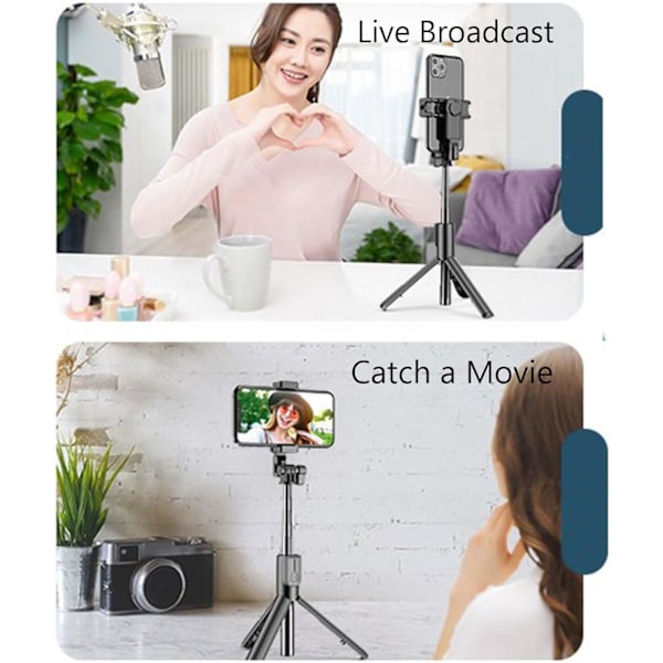 Selfie Stick, Ny 6 i 1 Bluetooth Selfie Stick med Lys, Foldbar Selfie Stick Tripod (Sort, Dobbelte Udfyldningslys)