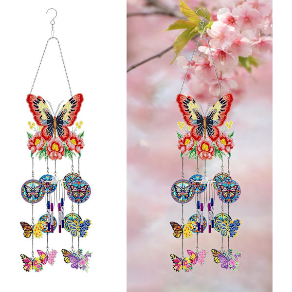 Diamantmålning Vindspel, Solfångare Konst Vindspel Kit Dubbelsidig 5D Fjäril och Kolibri Hängande Ornament för Vuxna Butterfly B