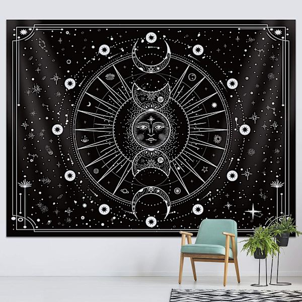 Aurinko Kuu Seinävaate Tähdet Avaruus Psykedeelinen Mustavalkoinen Seinävaate (Mystiikka Musta, 60x80 Tuumaa, 150x200 cm)