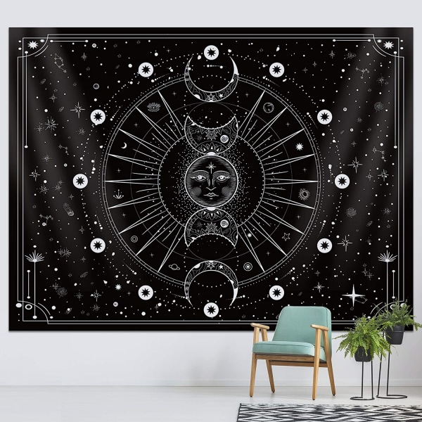 Sol og måne gobelin vægophæng stjerner rum psykedelisk sort og hvid vægophæng (Mystisk sort, 70x90 tommer, 180x230 cm)