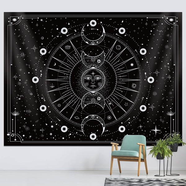 Sun Moon Gobeläng Vägghängande Stars Space Psychedelic Svart och vit väggtapet (Mysterious Black, 60x80 tum, 150x200 cm)
