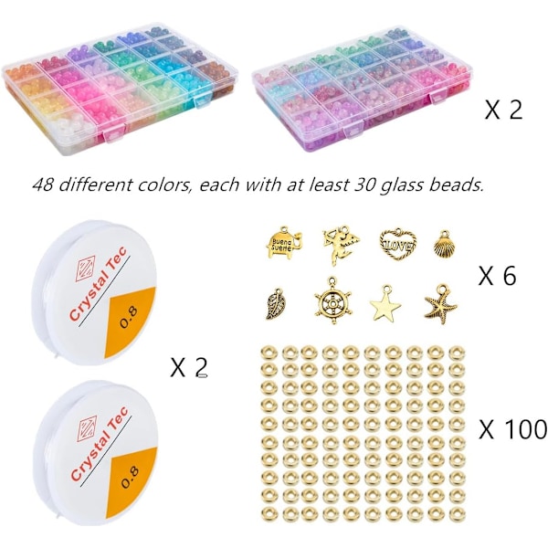 【2 pakker】 Mere end 1300 runde glasperler til smykkefremstilling, 48 farver 8mm krystalperler til armbåndssmykkefremstilling og DIY-håndværk Parent Solid+Printing