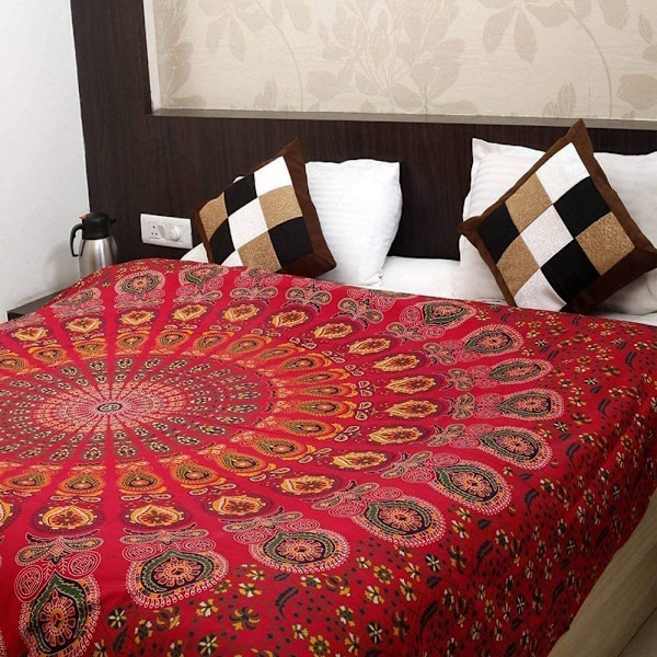 Wekity Hippie Bohemian Psykedeelinen Kulta-Sininen Peacock Mandala Seinävaate Vuodevaate Tapetti (Kulta-Punainen, Koko: 51.2\" x 59.1\")