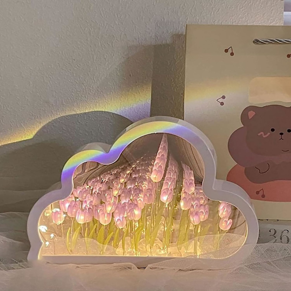 DIY Sky-Tulipan Spejl Natlampe, Kreativ Skrivebords Sky-Tulipan Lampe, Håndlavet Simuleret Blomst Bordlampe til Hjemmet Soveværelser Dekoration