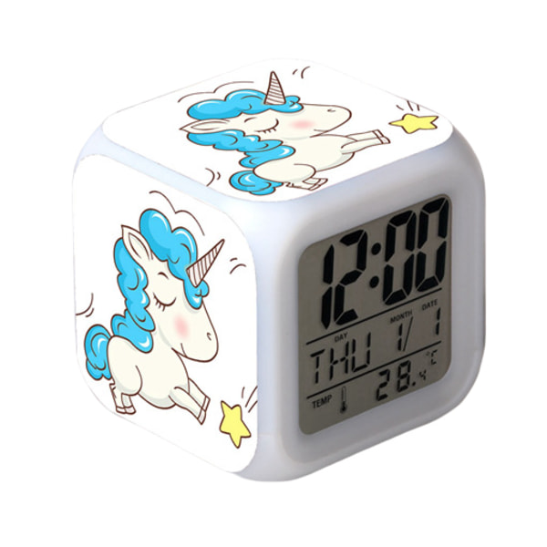 Unicorn Colorful Alarm Clock LED Square Clock Digital väckarklocka med tid, temperatur, alarm, datum