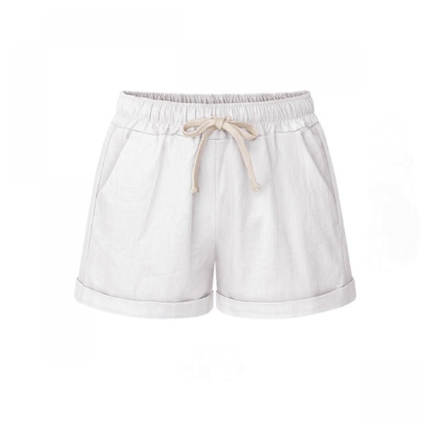 Kvinners Casual Elastisk Midje Komfortable Bomull Strand Shorts med Snøring --- Hvit （Størrelse XL）