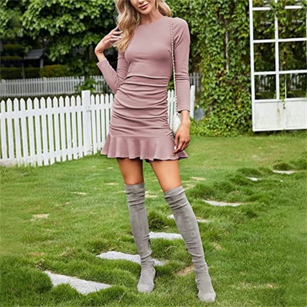 Höst Tie Midja Tröja Klänning Elegant V-ringad Wrap Tröja Klänning Stickad Mini Tröja Klänning(Rosa M)