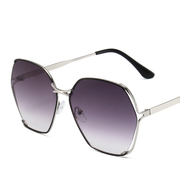 Polygonal Sunglasses Fashion Atmosphere Large Frame Sunshade Glasses---Silver and Black Frame Double Gray Sheet