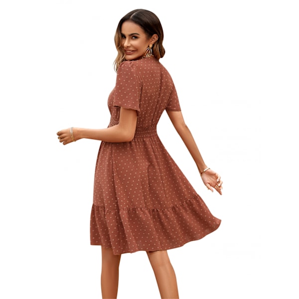 Kvinde Sommer Solid Farve Puff Korte Ærmer V-Hals Elastisk Talje Swing Ruffle A-Linje Midi Kjole (Mursten-Rød S)