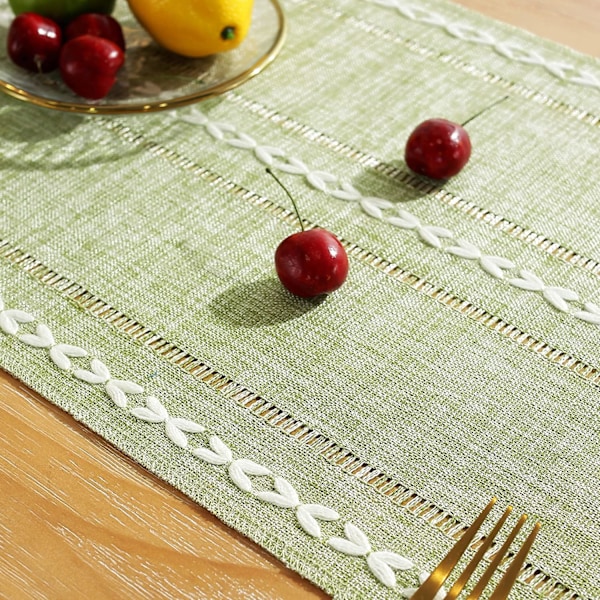 Rustik Landhus Stil Linnedug, Boho Håndlavet Kvaster Broderet Dug 72 Tommer Lang til Feriefest, Jul Hemstitched Sage Green 13"W X 72"L
