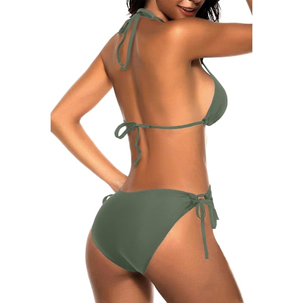 Kvinnors trekantbikiniset Halter Tvådelad Sexig baddräkt String Tie Side Baddräkt Light Army Green M