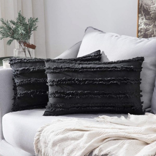 Set med 2 dekorativa Boho-kuddfodral i linne med randigt jacquardmönster, kuddfodral för soffa, vardagsrum, sovrum, 12x20 tum, svart