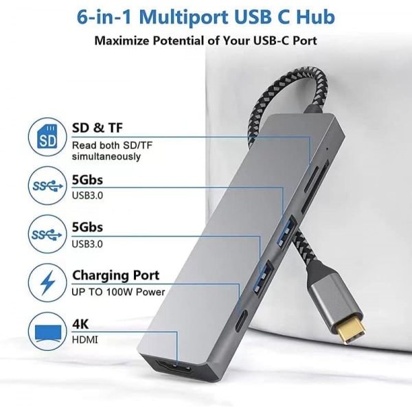 6 i 1 USB C Hub Multiport Adaptrar, Mac Dongle med 4K HDMI, 100W snabbladdning, USB-C och 3 USB-A 5 Gbps dataport, USB 2.0