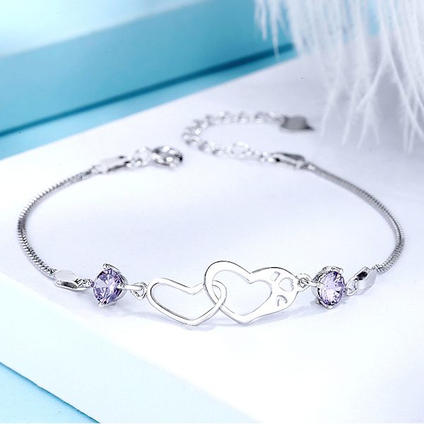 Armbånd til kvinder, sølv S925 armbånd, sølv uendelighedsarmbånd krystalskydearmbånd med zirkon, justerbart hjertearmbånd, gave til kvinder, lilla