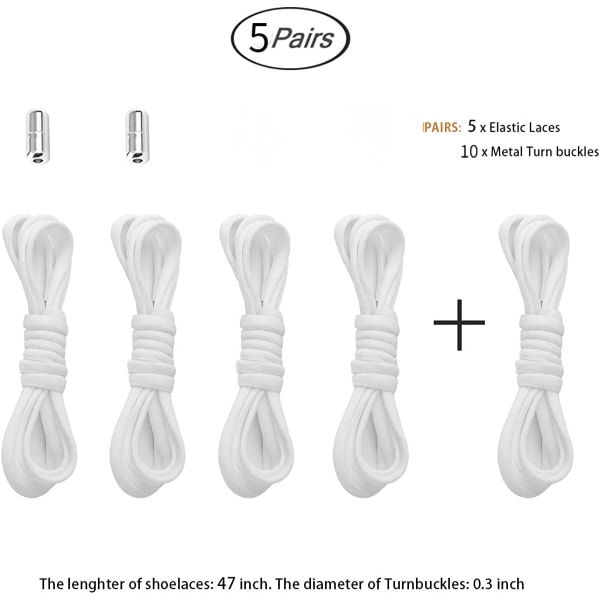 Hvite elastiske skolisser uten knyting for voksne, barn, eldre, system med elastiske skolisser (5 par)