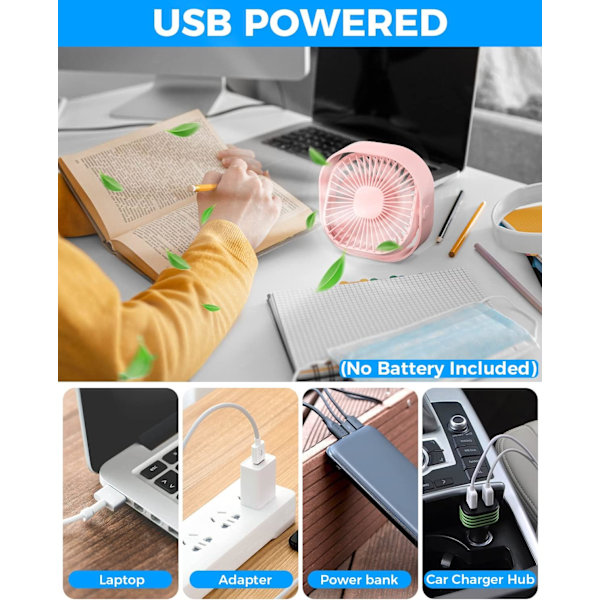 Pieni USB-pöytätuuletin, 3 nopeutta, kannettava pöytätuuletin, 4 tuuman henkilökohtainen minituuletin, pieni jäähdytystuuletin USB-liitännällä, 360° kääntyvä pöytätuuletin Pink