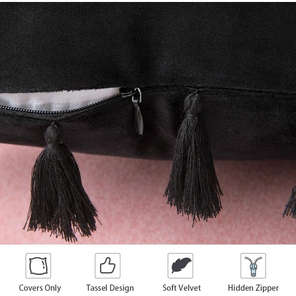 Pakke med 2 fløyelsmyke, ensfargede, dekorative putetrekk med duskfrynser, bohemsk pynteputetrekk for sofa, seng (18 x 18 tommer, svart)