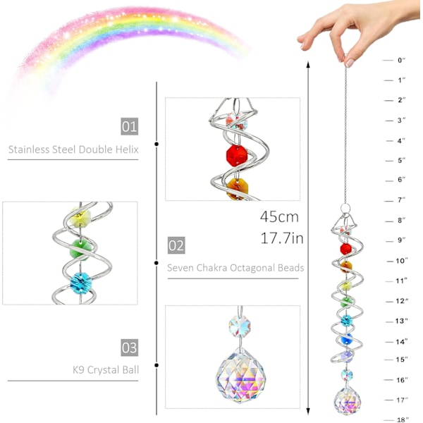 WJ123 Solfangervindmølle med Kugle og Spiralhale, Krystal Dekorativ Vindmølle, 17,7 tommer Vindfangervindmølle med Syv Chakraer 2 Colorful Beads