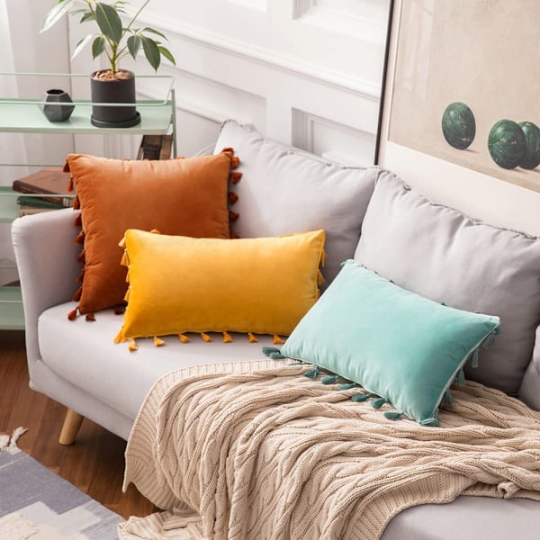 Pakke med 2 fløjlsbløde, ensfarvede dekorative pudebetræk med kvaster, frynser, boho-accent, pudebetræk til sofa, seng (12 x 20 tommer, guld)