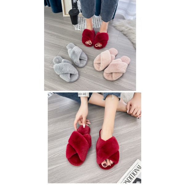 Dames Fuzzy Tofflor Cross Band Mjuka Plysch Mysiga Hushållsskor Päls Öppen Tå Inomhus eller Utomhus Slip on Varma Andas Anti-halk Sula
