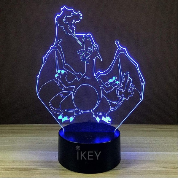 3D Illusion Charizard LED nattlys, 7 farger gradvis endring USB berøring bryter 3D visuelle lys for feriegaver eller hjemmedekorasjoner