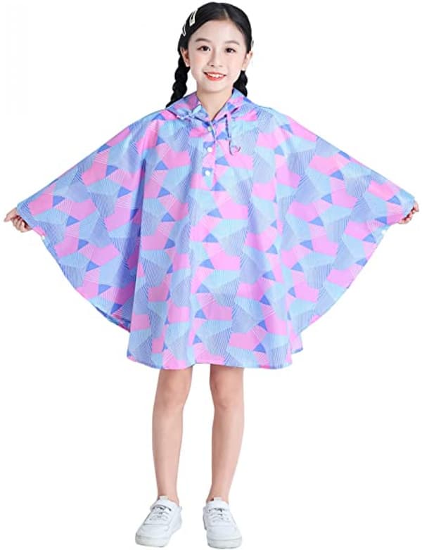Barne regnponcho med hette, geometrisk rosa, S